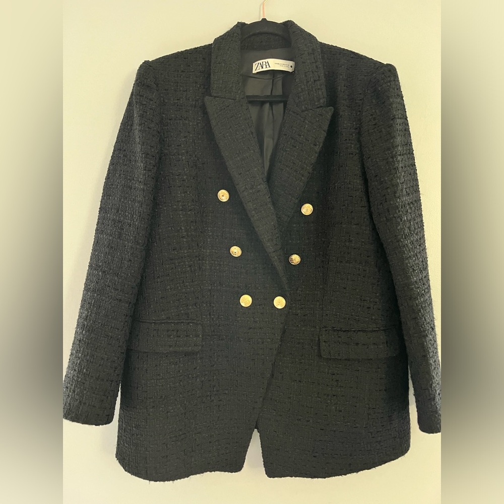 Zara Black Textured Tweed Double-Breasted Blazer with Gold Buttons